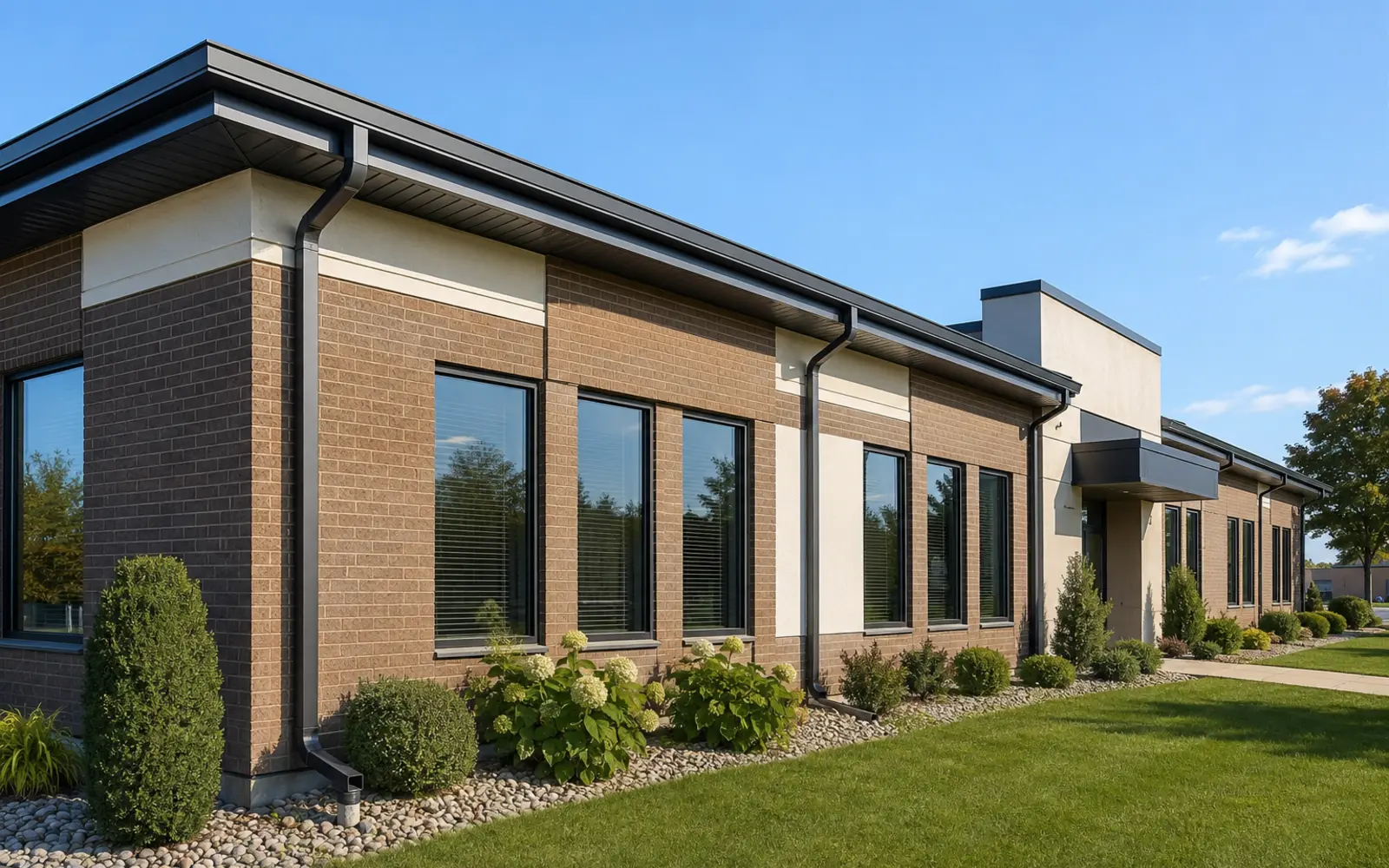 Commercial roofline with coordinated gutters soffit fascia and downspouts