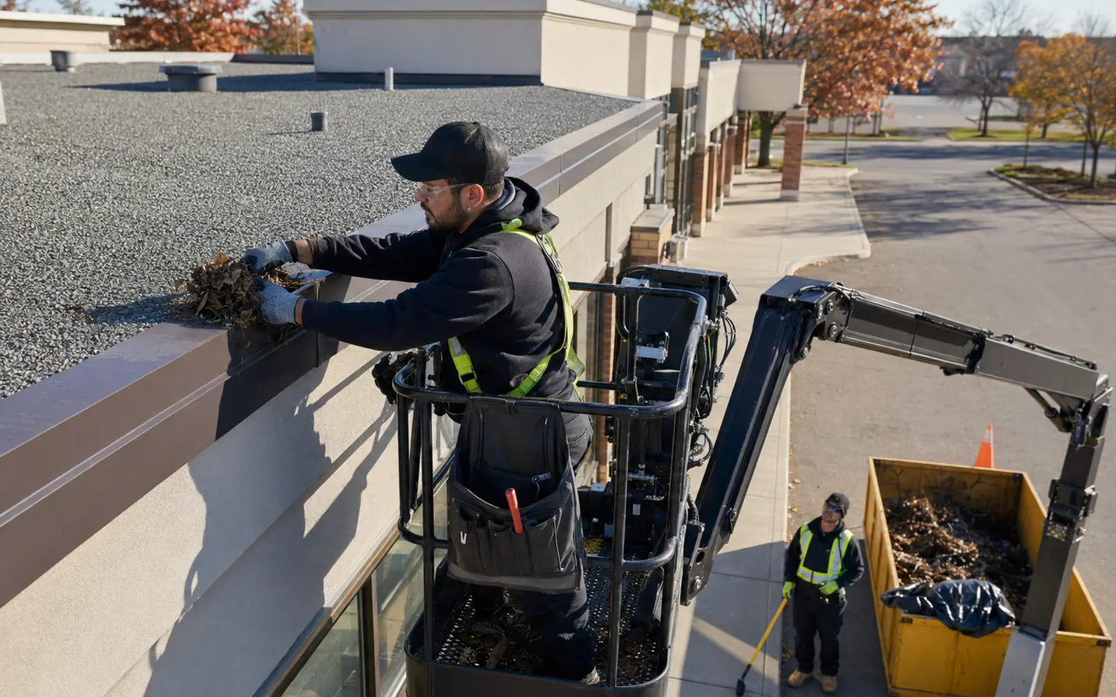Commercial gutter cleaning from an elevated work platform at a low-rise plaza