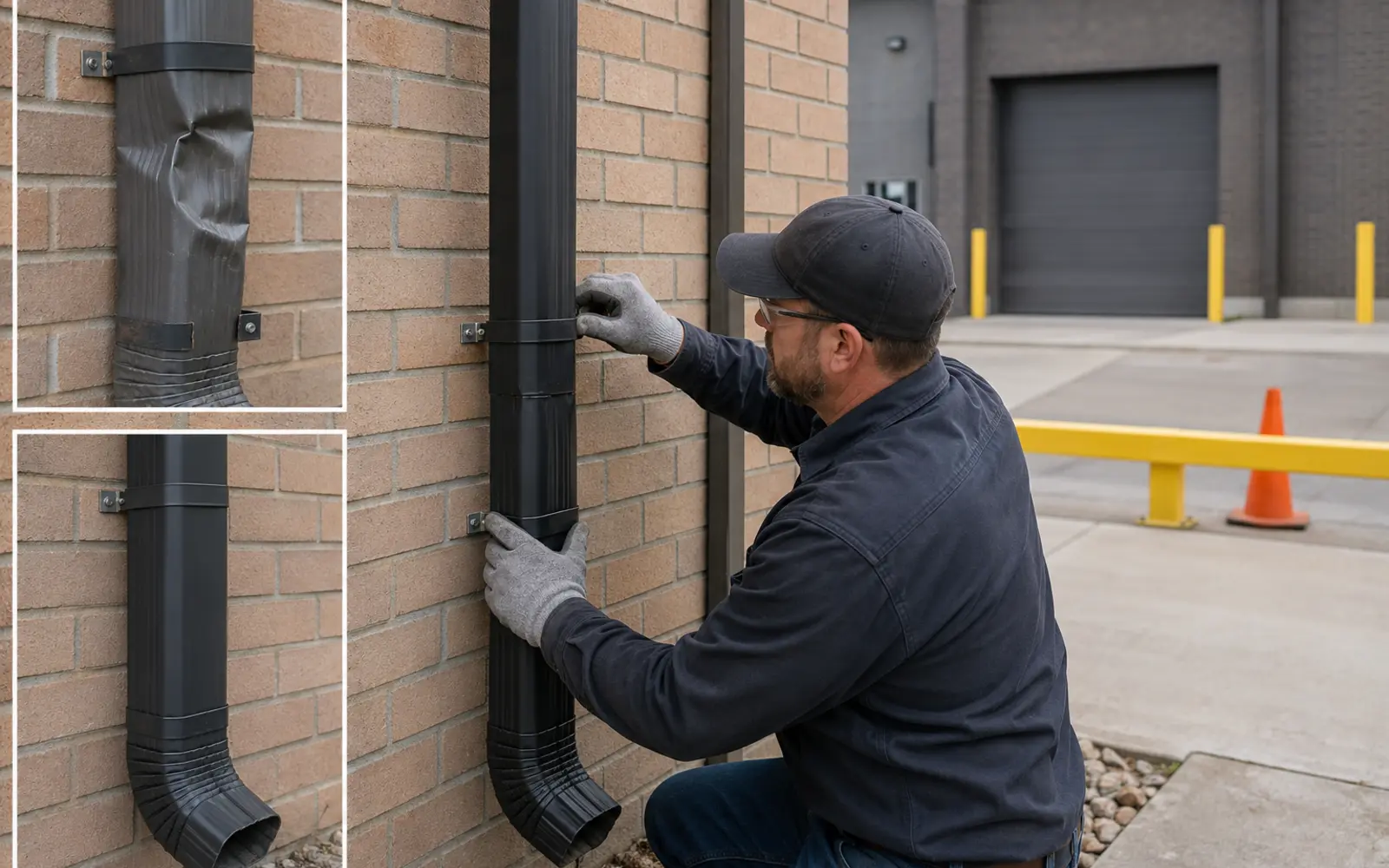 Commercial downspout repair beside an industrial property