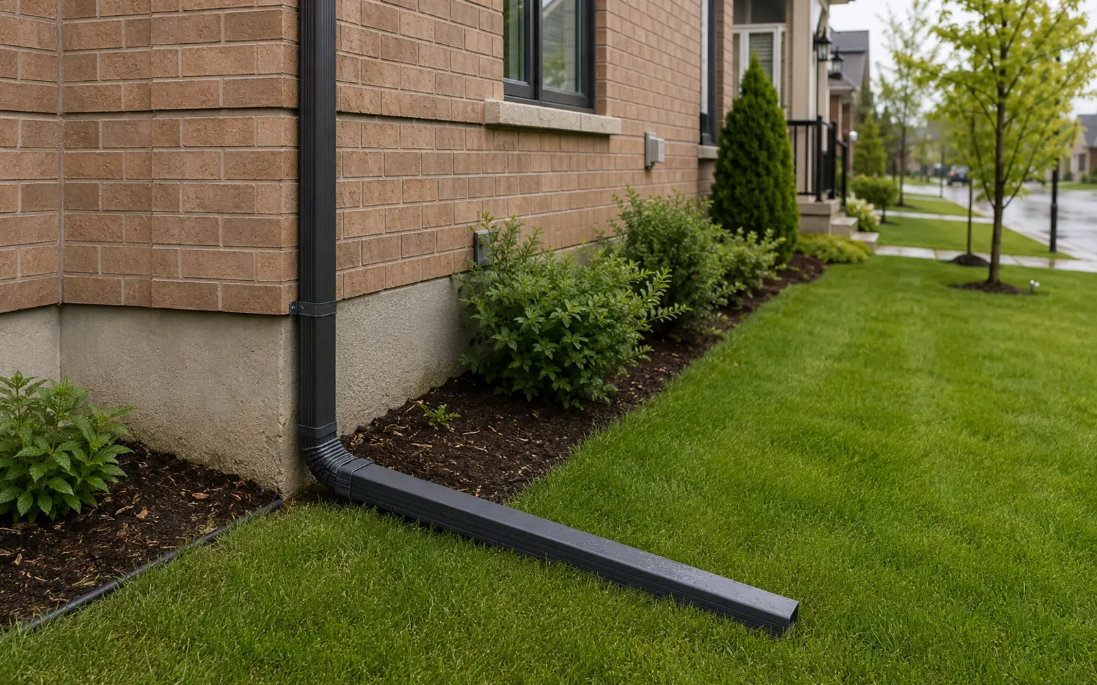 Residential downspout and extension along a landscaped Brampton property