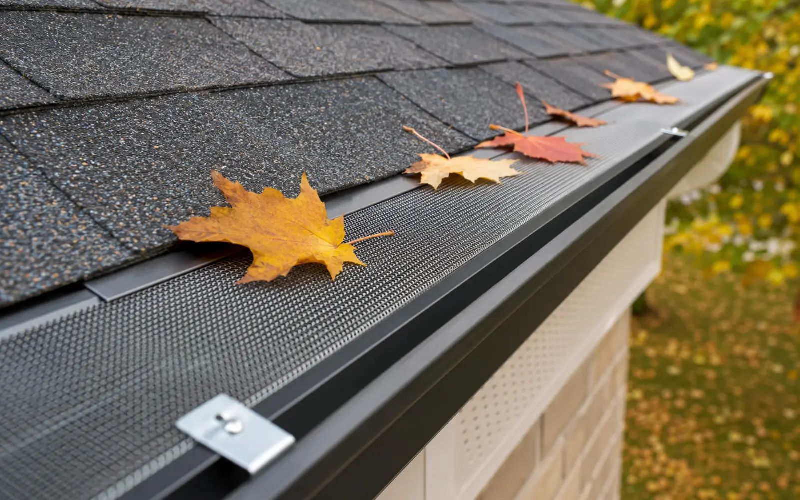 Leaves resting on a residential gutter guard