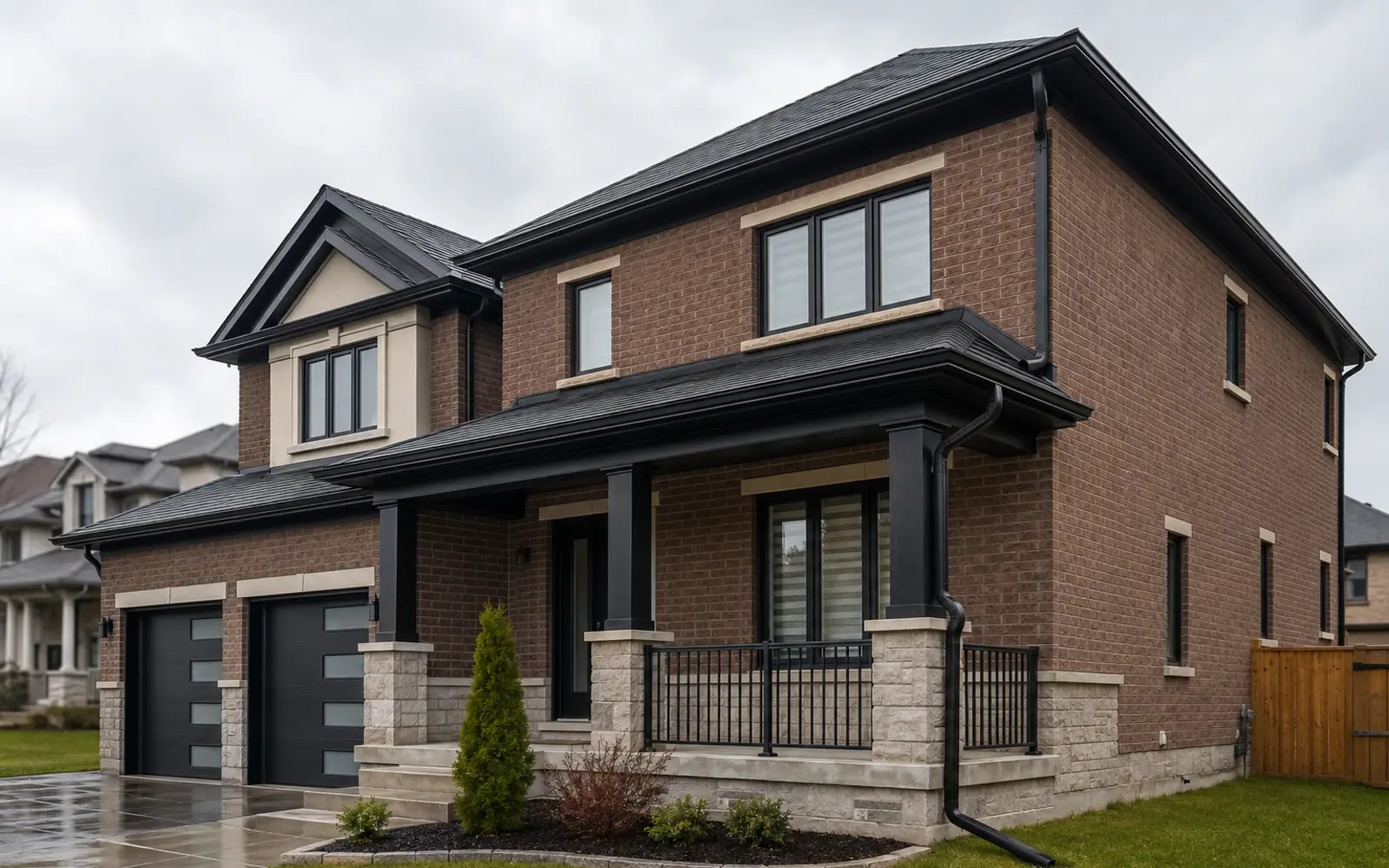 Completed charcoal gutter and downspout system on a two-storey Brampton home