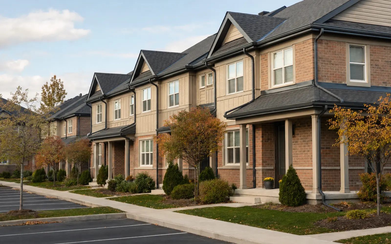 Brampton townhouse condominium with coordinated gutters and downspouts