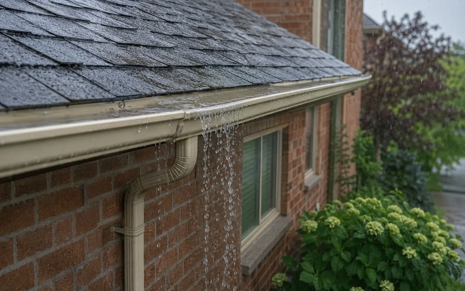 Rainwater overflowing from a localized low section of a gutter