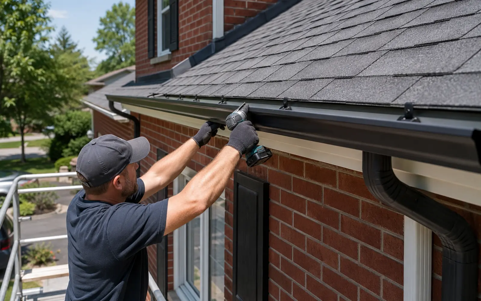 New dark aluminum eavestrough being installed on a Brampton brick home