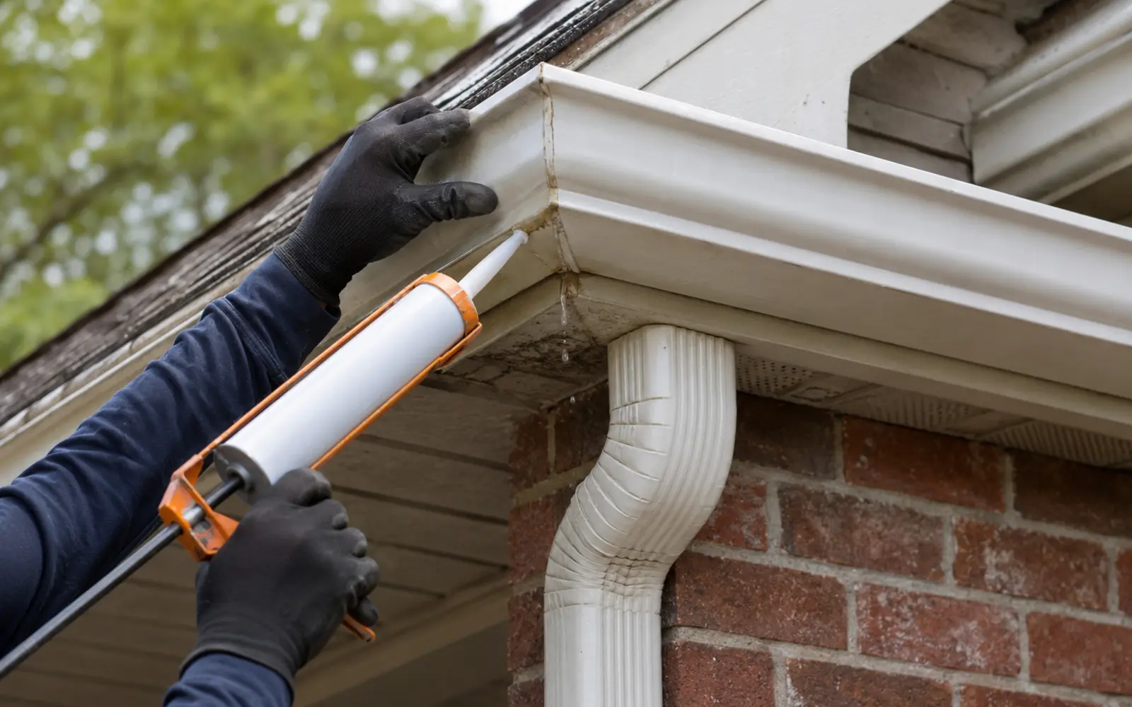 Leaking gutter corner being repaired on a Brampton home