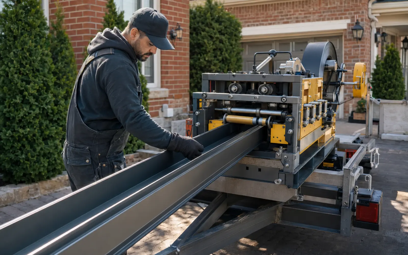 Dark aluminum seamless gutter being formed beside a Brampton home
