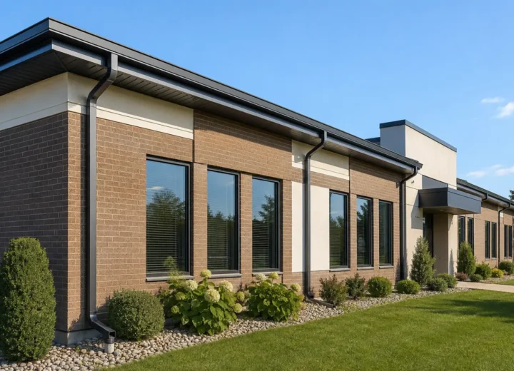 Commercial soffit fascia capping gutters and downspouts on a low-rise office property