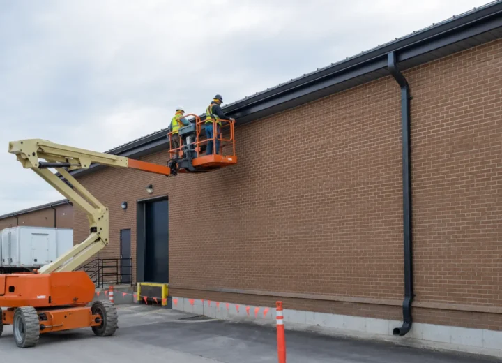Commercial gutter installation coordinated from an elevated work platform