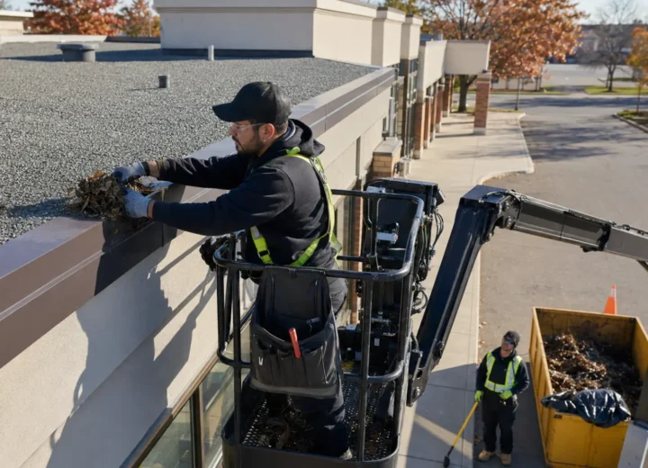 Commercial gutter debris removal completed with elevated access equipment