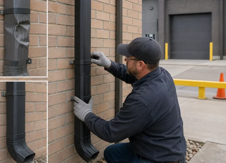 Commercial gutter and downspout repair at a low-rise industrial property