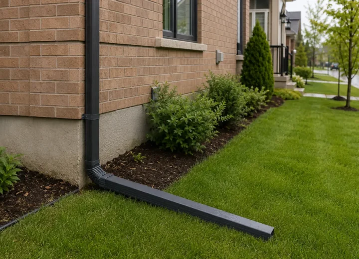 Residential downspout and extension directing roof runoff away from the wall