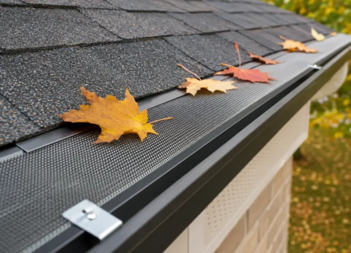 Micro-mesh gutter guard fitted along a clean residential eavestrough