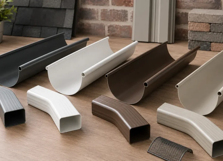 Aluminum gutter downspout and guard options in coordinated exterior colours