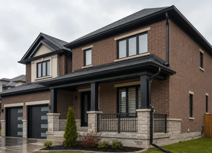 Dark seamless gutters and downspouts on a two-storey brick home in Brampton