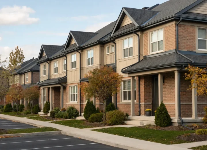 Consistent gutter and downspout systems across a townhouse condominium property