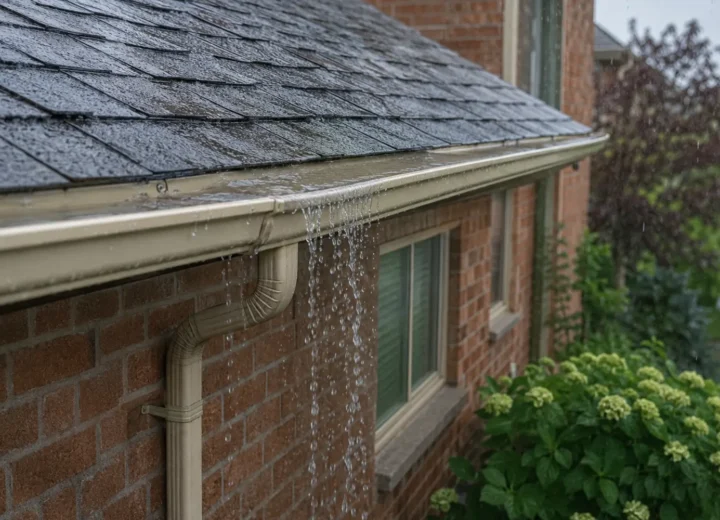 Rainwater overflowing at one section of a residential eavestrough