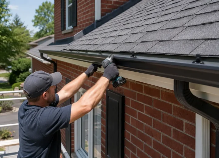 New aluminum eavestrough installed along a residential roof edge