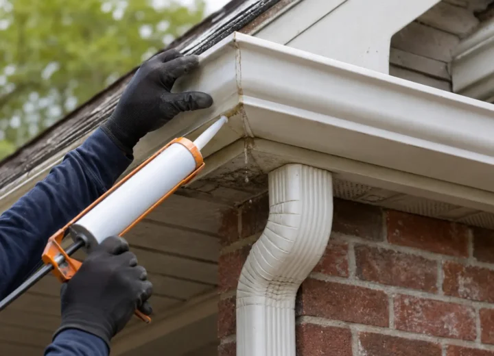Technician completing a localized repair at a residential gutter corner