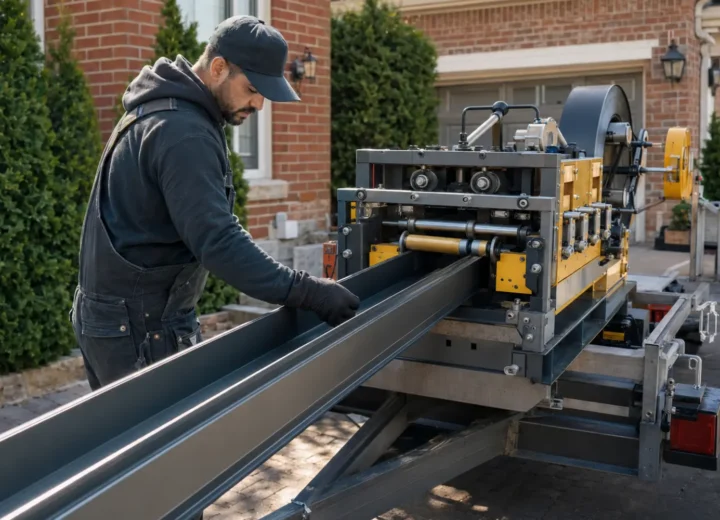 Long seamless aluminum gutter being formed beside a Brampton home