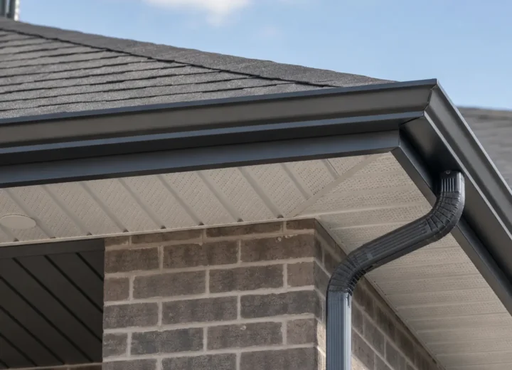 Coordinated soffit fascia gutter and downspout details on a brick home